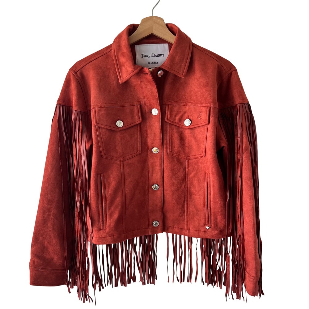 NWT Juicy Couture Fringe Faux Suede Trucker Jacket Rust Western Boho Womens S